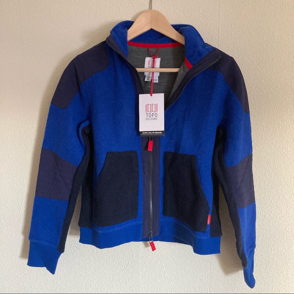 Topo designs global full zip sweater blue NWT
